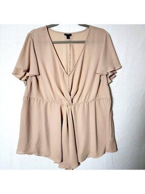 Torrid Babydoll Top Womens Sz 2X Twist Front V-Neck Short Flutter Sleeves Beige